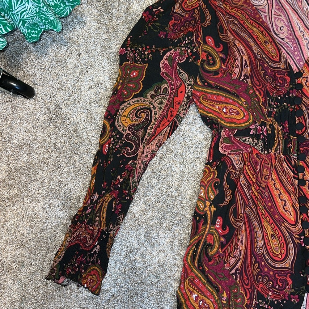 NWOT Zara paisley print smocked a neck button down dress Size XS - Picture 9 of 12